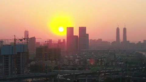 Aerial view of elevated expressway and modern buildings in hangzhou qianjiang Stock Footage 195588849