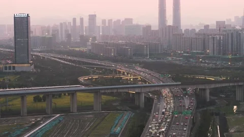 Aerial view of elevated expressway and modern buildings in hangzhou qianjiang Stock Footage 195609864