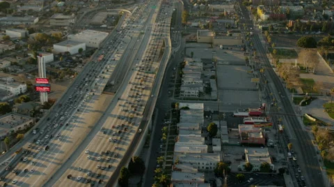 Aerial view of elevated freeways busy with traffic Los Angeles Stock Footage 64778767