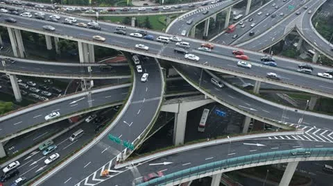 Aerial View Elevated Highway Car Passing Busy Asian Street Shanghai Intersection Stock Footage 11292141
