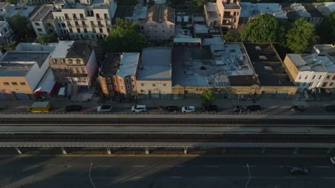 Aerial view of an elevated railway track in Brooklyn Stockbeeldmateriaal 313898204