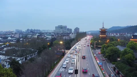 Aerial view of elevated road in midtown of hangzhou at twilight Stock Footage 194903500