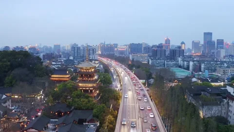 Aerial view of elevated road in midtown of hangzhou at twilight Stock Footage 194903771
