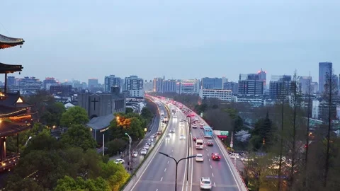 Aerial view of elevated road in midtown of hangzhou at twilight Stock Footage 194903863