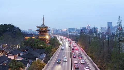 Aerial view of elevated road in midtown of hangzhou at twilight Stock Footage 194903987