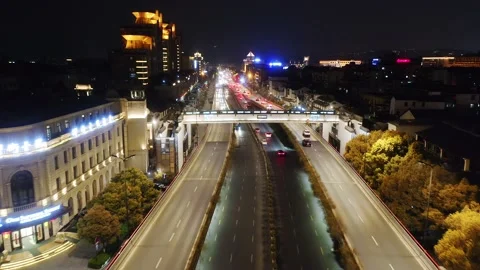 Aerial view of elevated road in midtown of hangzhou at twilight Stock Footage 194905222