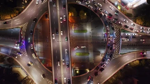Aerial view of elevated road in midtown of hangzhou at night Stock Footage 194905457