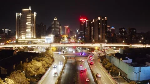 Aerial view of elevated road in midtown of hangzhou at twilight Stock Footage 194905462