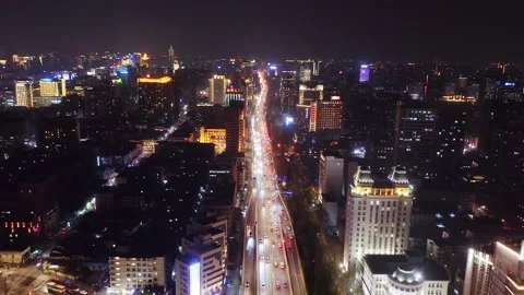 Aerial view of elevated road in midtown of hangzhou at night Stock Footage 194906038