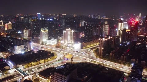 Aerial view of elevated road in midtown of hangzhou at night Stock Footage 194906638