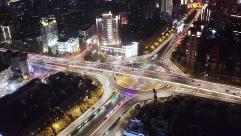 Aerial view of elevated road in midtown of hangzhou at night Stock Footage 194907006