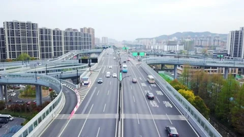 Aerial view of elevated road in midtown of hangzhou at twilight Stock Footage 194907462
