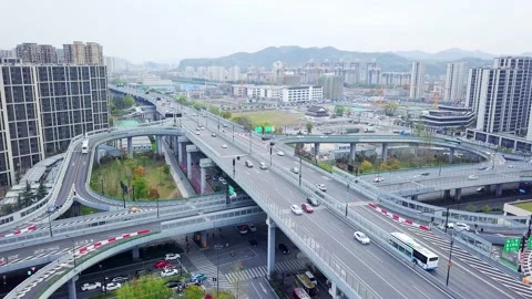 Aerial view of elevated road in midtown of hangzhou at twilight Stock Footage 194908131