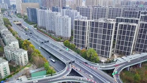 Aerial view of elevated road in midtown of hangzhou at twilight Stock Footage 194908701