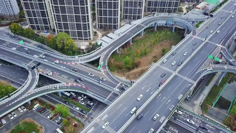 Aerial view of elevated road in midtown of hangzhou at twilight Stock Footage 194908703
