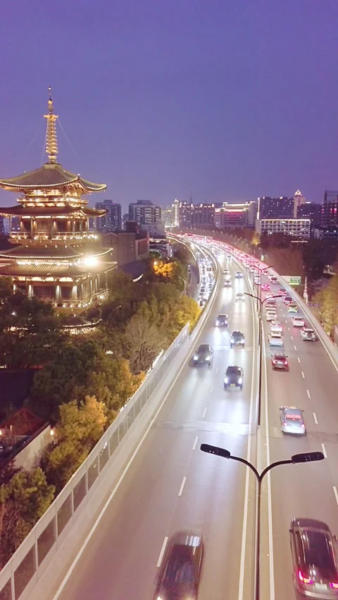 Aerial view of elevated road in midtown of hangzhou at night Stock Footage 194909216