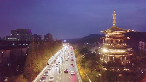 Aerial view of elevated road in midtown of hangzhou at night Stock Footage 194909455