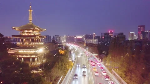 Aerial view of elevated road in midtown of hangzhou at night Stock Footage 194909772