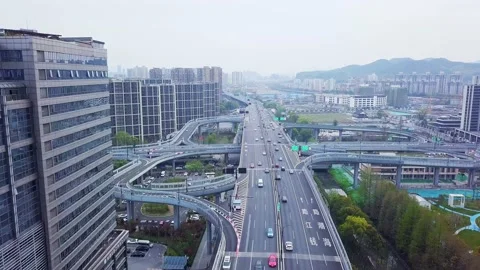 Aerial view of elevated road in midtown of hangzhou at twilight Stock Footage 194909781