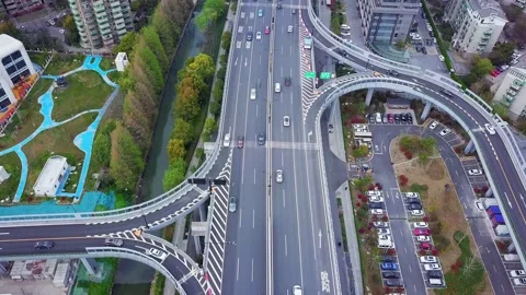 Aerial view of elevated road in midtown of hangzhou at twilight Stock Footage 194910134