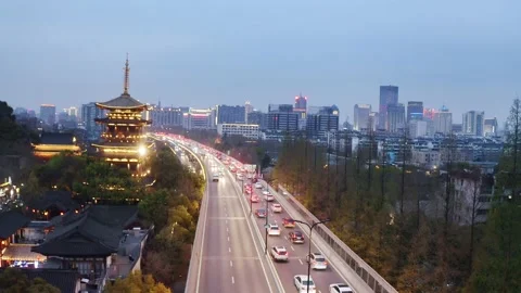 Aerial view of elevated road in midtown of hangzhou at twilight Stock Footage 194921677