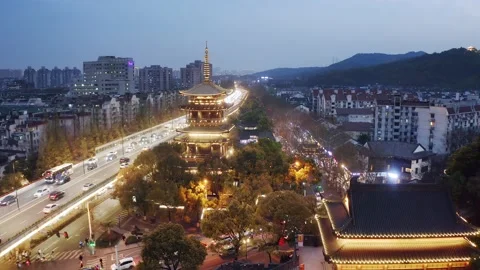 Aerial view of elevated road in midtown of hangzhou at twilight Stock Footage 194922640