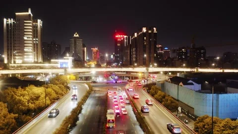 Aerial view of elevated road in midtown of hangzhou at twilight Stock Footage 194922749