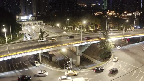 Aerial view of elevated road in midtown of wuhan at night Stock Footage 195081461