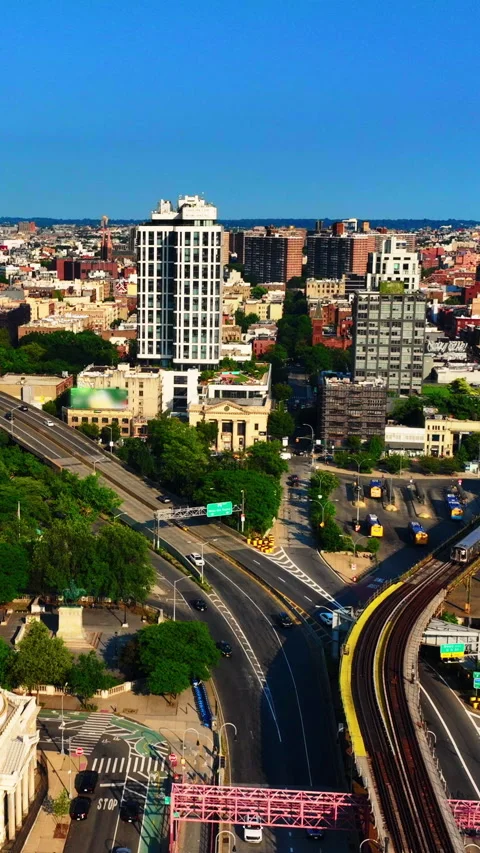 Aerial view of elevated subway tracks and intersection, Williamsburg, New York. Stock Footage 342273440