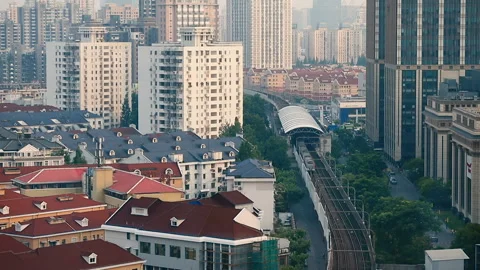Aerial View of Elevated Train in Shanghai Stock Footage
