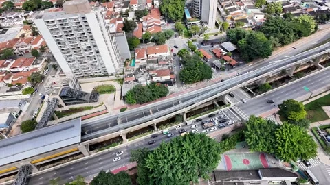 Aerial View of Elevated Transit Line and Avenue Traffic in São Paulo Stock Footage 335834254