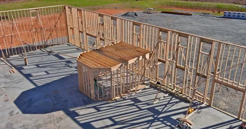 Aerial view of elevator shaft for concrete block building under construction on Stock Footage 168270855