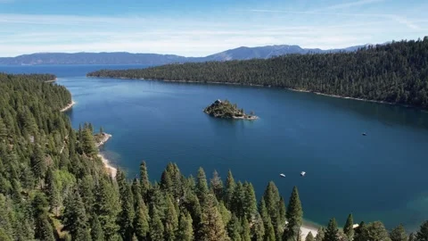 Aerial view of Emerald Bay and Fannette Island, Lake Tahoe, California Stock Footage 166549534