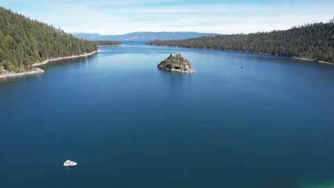 Aerial view of Emerald Bay and Fannette Island, Lake Tahoe, California Stock Footage 166553671