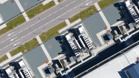 Aerial view of emergency backup generators at hyperscale data center in Stock Footage 347366189
