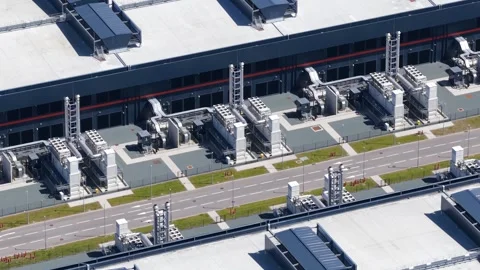 Aerial view of emergency backup generators at hyperscale data center in Stock Footage 347366321