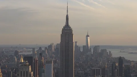 Aerial view Empire State building tower at sunset New York City misty panorama Stock Footage 87618705