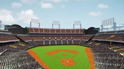Aerial view of empty baseball stadium with fan zone, tribune filled with people Illustrazione stock