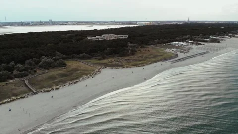 Aerial view of the empty beach at the beginning of the season, in Italy. Stock Footage 131931793
