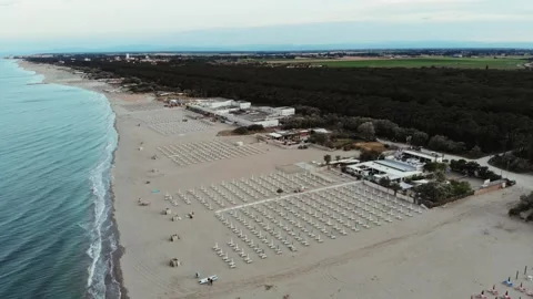 Aerial view of the empty beach at the beginning of the season, in Italy. Stock Footage 131932084