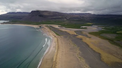Aerial view of empty beach during a cloudy day, Westfjords Region, Iceland. Stock Footage 102142406