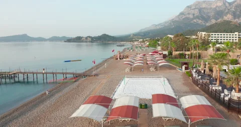 Aerial view. Empty beaches during lockdown because of COVID-19 pandemic in Stock Footage 156209390