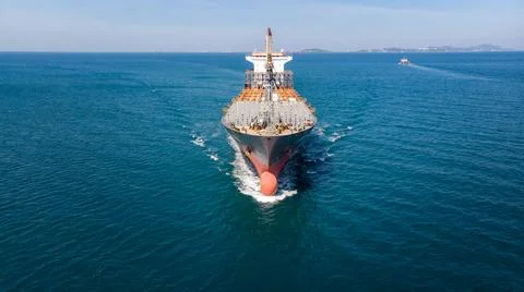 Aerial view of empty cargo container maritime on blue sea. Stock Photos