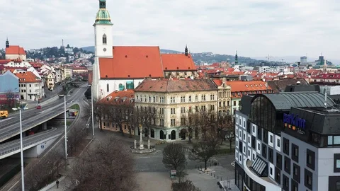 Aerial view of Empty Centre of Bratislava during Corona Virus Quarantine Stock Footage 128650562