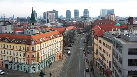 Aerial view of Empty Centre of Bratislava during Corona Virus Quarantine Stock Footage 128650901