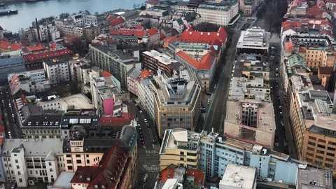 Aerial view of Empty Centre of Bratislava during Corona Virus Quarantine Stock Footage 128652008