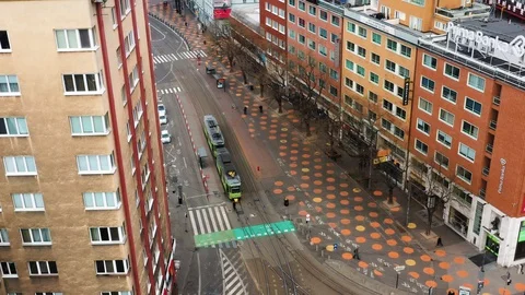 Aerial view of Empty Centre (SNP) of Bratislava during Corona Virus Quarantine Stock Footage 128651836