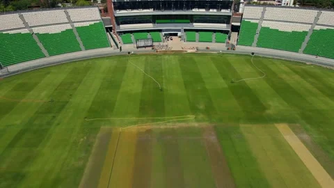 Aerial view of empty cricket stadium and green grass, Pakistan. Stock Footage 312851284