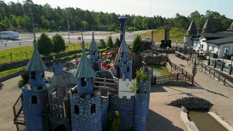 Aerial view of empty Daftöland pirate theme park playground and amusement rides Stock Footage 333784925