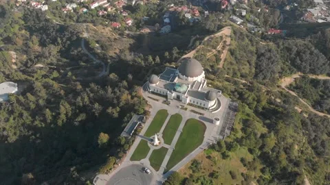 Aerial view of an empty Griffith Park Observatory Stock Footage 149460162